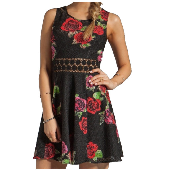 Free People Black Asian Rose Boho Whimsigoth Lace Cutout Crochet Mini Dress 2 - Picture 1 of 12